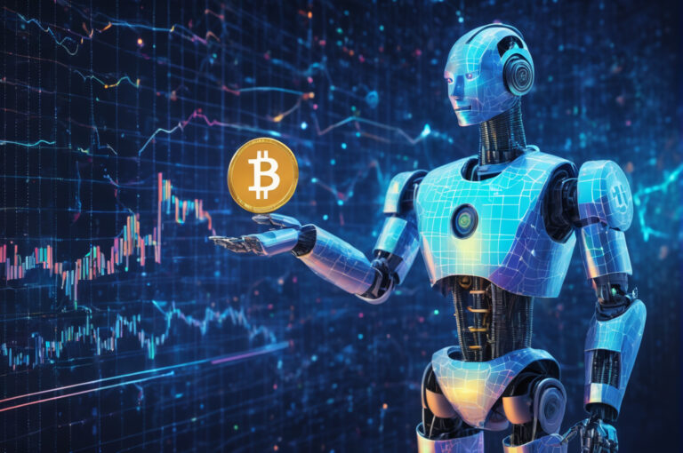 Prepojenie umelej inteligencie a Bitcoinu znázornené digitálnou grafikou.